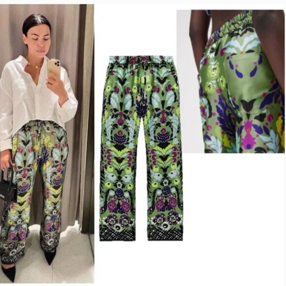 NEW Zara Satin Effect Floral Wide-Leg Pyjama Style Pants in Green, Size S - Picture 3 of 16